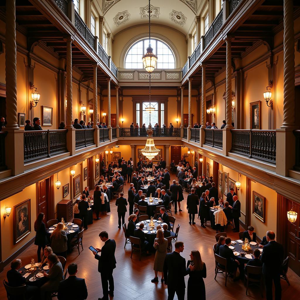 A historic building in Kansas City with people socializing at an event