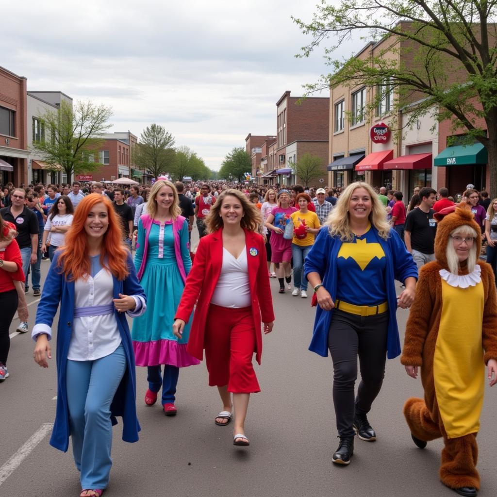 People dressed in various costumes during a parade in Kansas