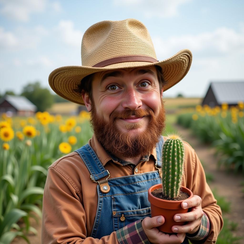 Kansas Farmer Holding a Cactus