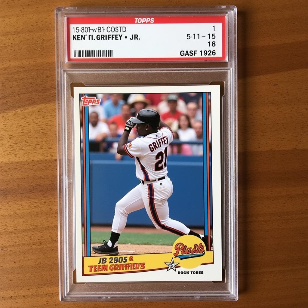 A close-up of a Ken Griffey Jr. rookie card from the 1993 Topps set.