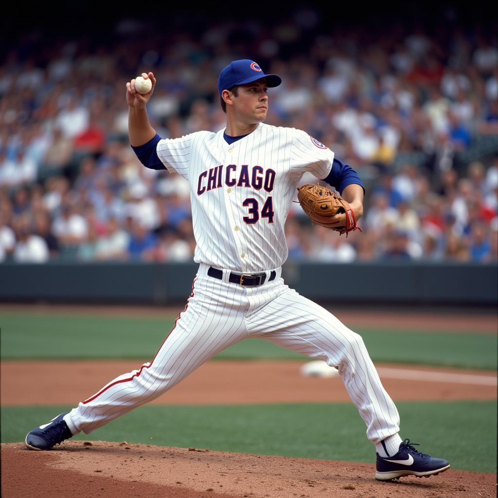 Kerry Wood pitching for the Chicago Cubs in his iconic #34 jersey