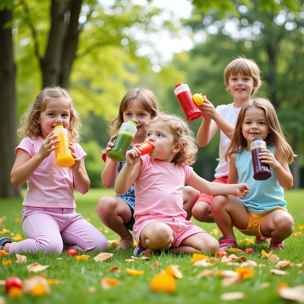 Children enjoying juice pouches at a park