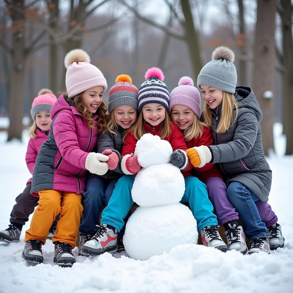 Group of children happily playing in the snow with their ice cream sliding mitt youth.