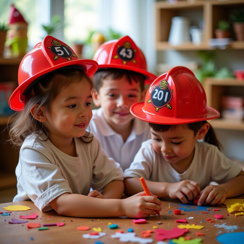 Children Enjoying Playtime with Their Crafted Fireman Hats