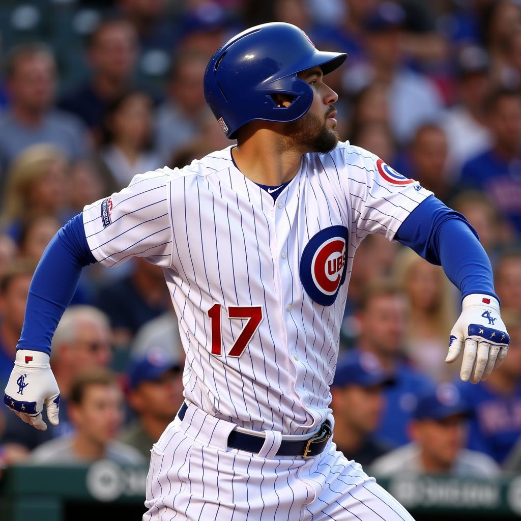 Kris Bryant swinging a bat in a Chicago Cubs jersey