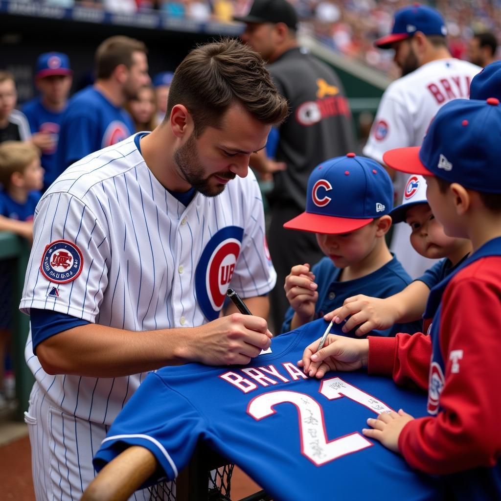 Kris Bryant signing autographs for fans while wearing a Chicago Cubs jersey