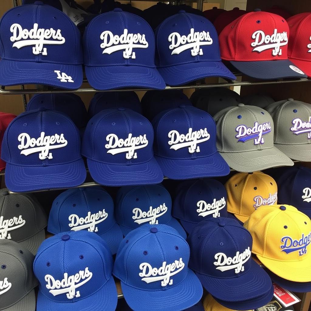 A variety of LA Dodgers corduroy hats displayed on shelves