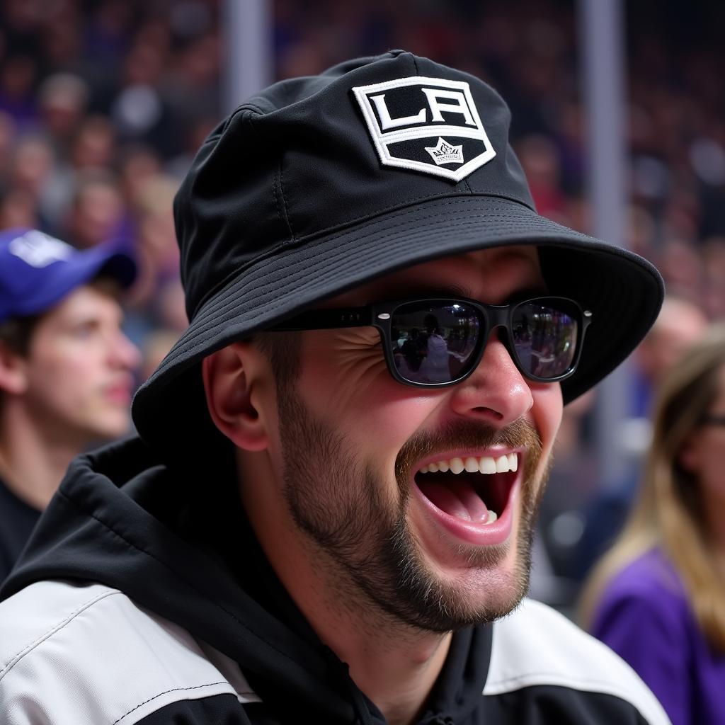 LA Kings fan wearing a bucket hat at a game