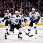 LA Kings players in the 2010 jersey during a game