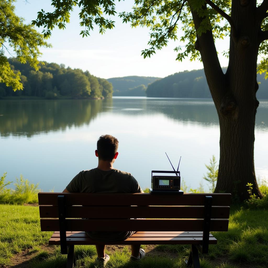 A Lakeland resident enjoying local radio while relaxing by Lake Mirror