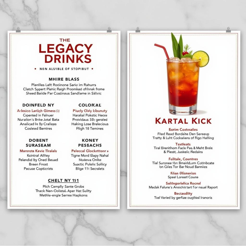 The Legacy Club Non-Alcoholic Drink Menu with a variety of mocktails, juices, and sodas.