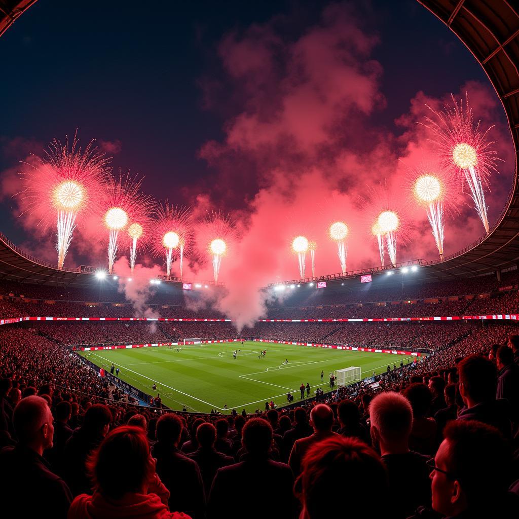 Besiktas fans creating letter fireworks during a night match at Vodafone Park