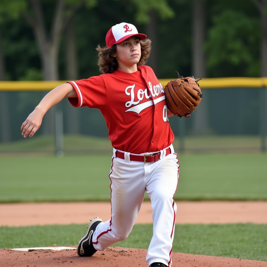 A young baseball pitcher concentrating intensely as he throws a ball.