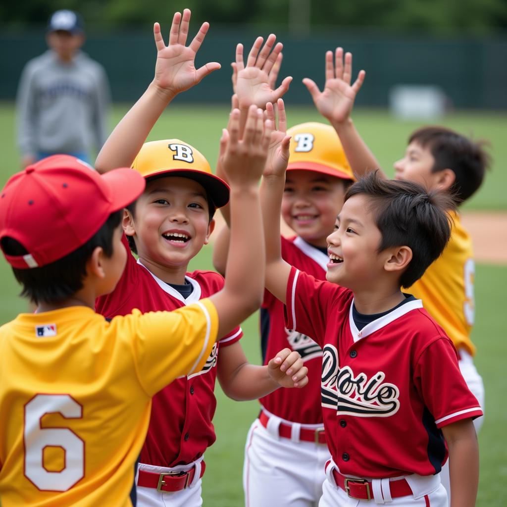 Little League baseball team cheering in unison during a game