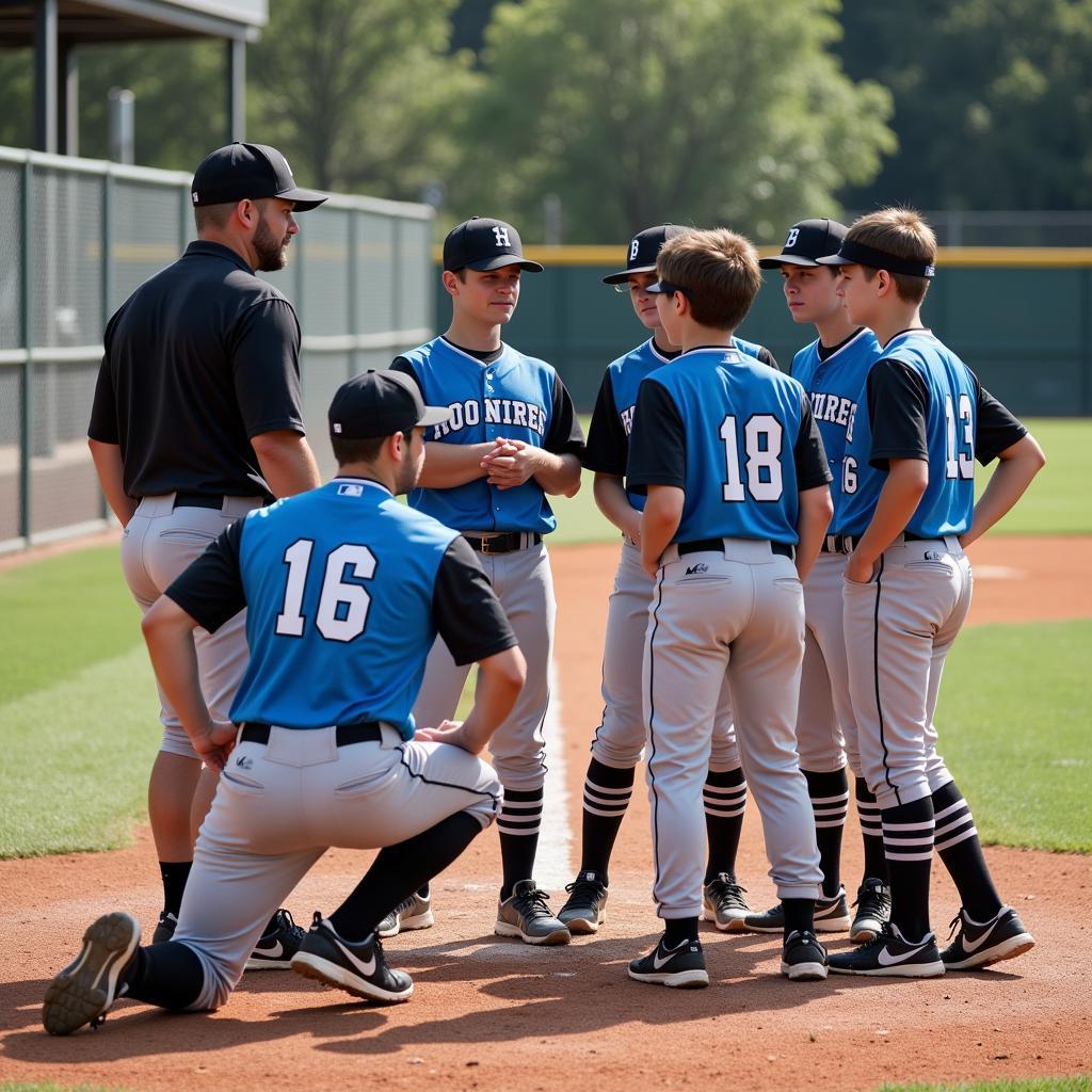 Little League baseball team having a team meeting with their coach