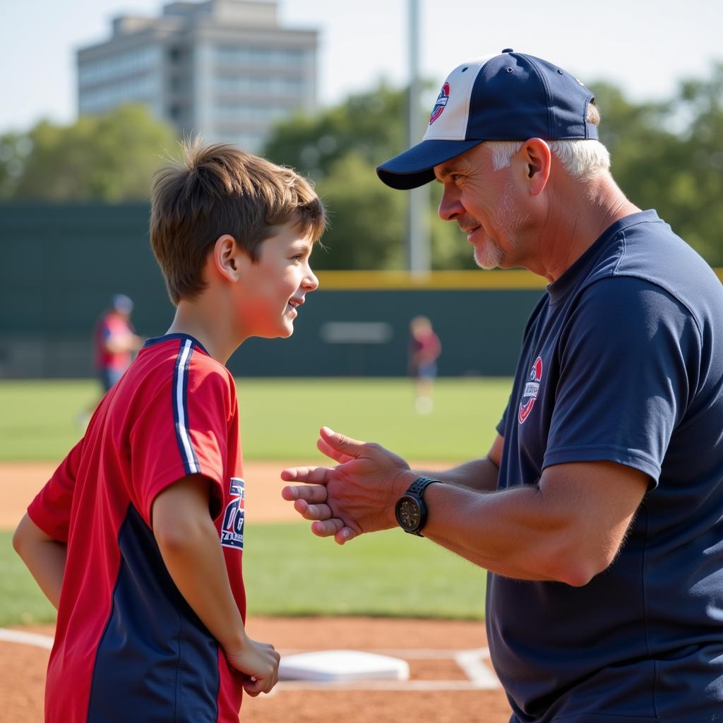 A parent volunteer helps a young player with their batting technique