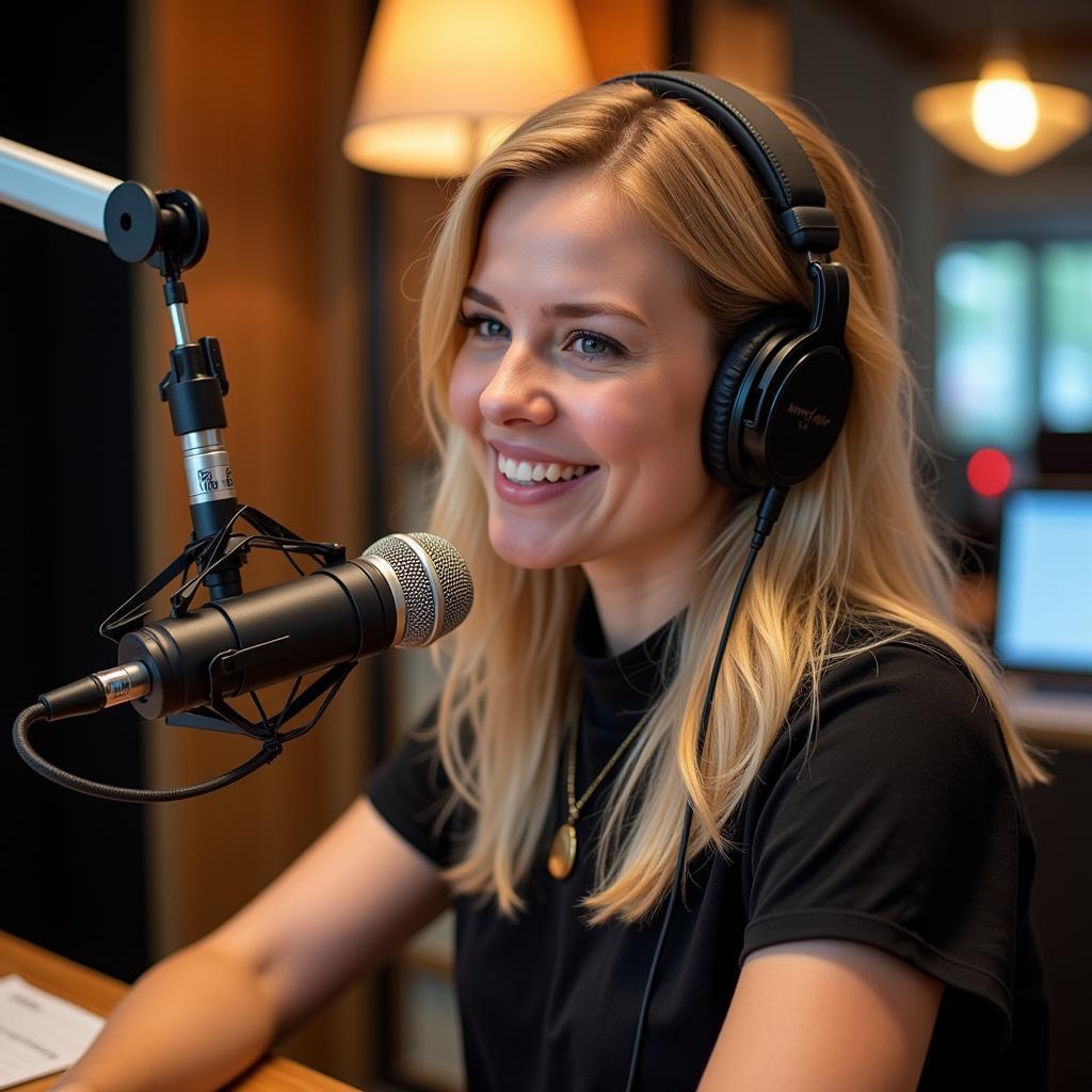 A radio DJ in the studio, talking on the air.