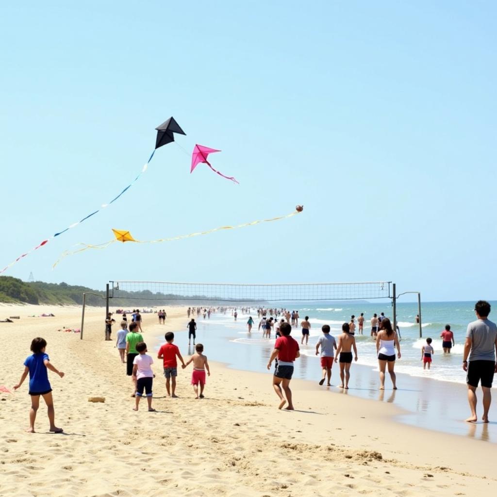 Families enjoying kite flying and other beach activities on Long Beach, WA 