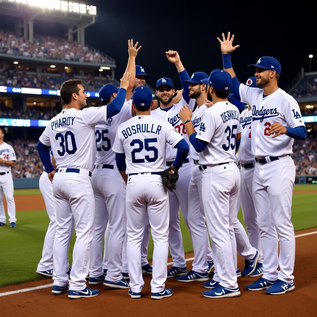 The Los Angeles Dodgers celebrate a victory. 