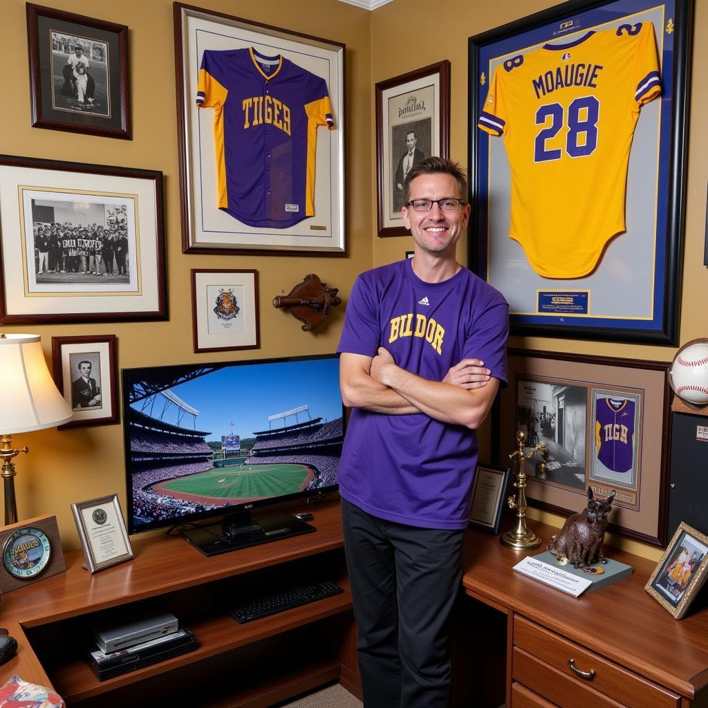 LSU Baseball Fan Displaying his Collection