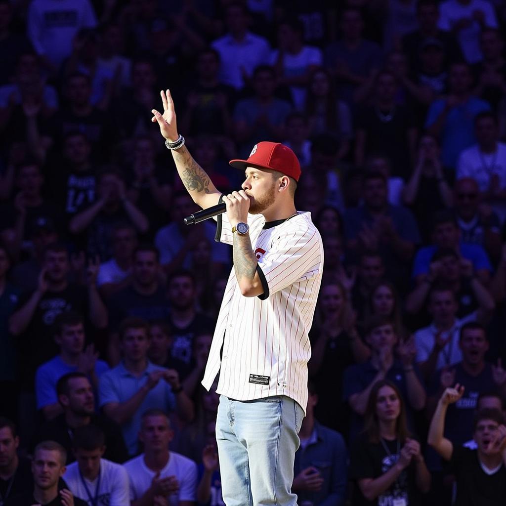 Mac Miller on stage wearing his signature baseball jersey.