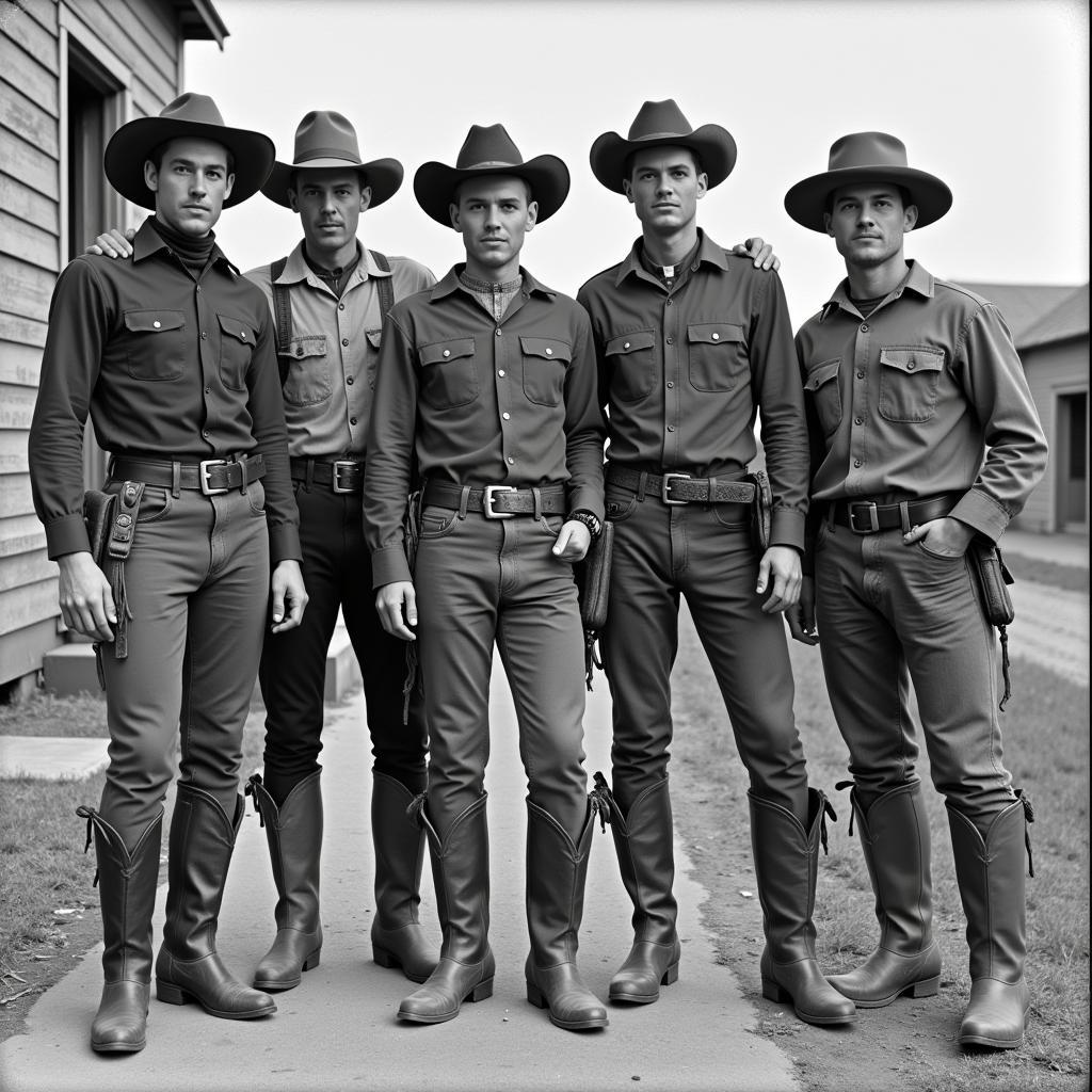 A vintage photograph depicting cowboys wearing traditional cowboy boots.