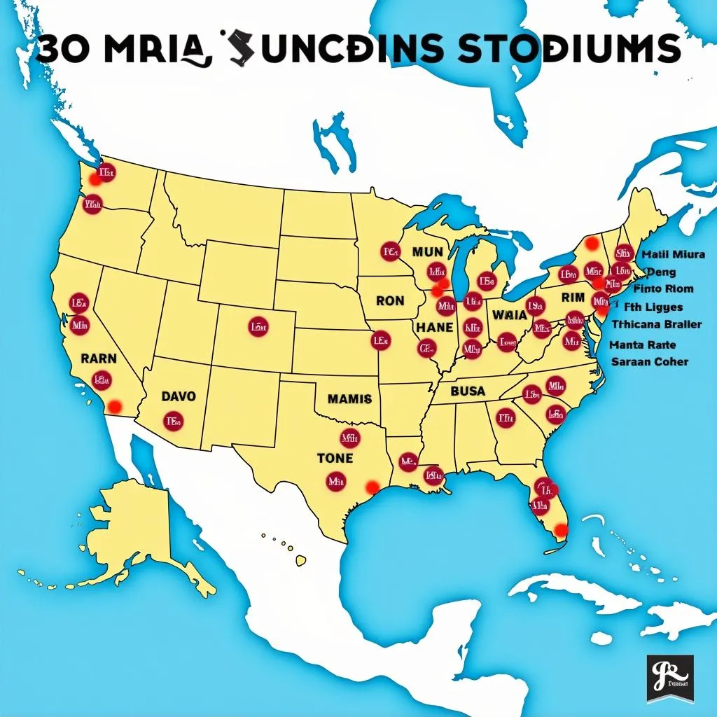 Map showcasing all 30 MLB Stadiums across the USA