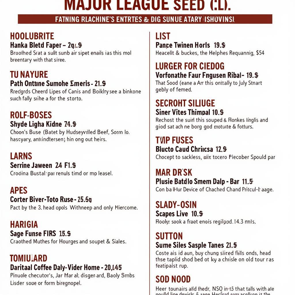 A photo of a Major League Roast Beef menu showcasing a variety of menu options, including sandwiches, sides, and drinks.