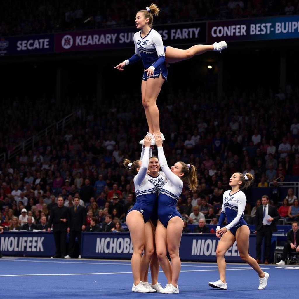 Team performing a pyramid stunt at Majors 2024