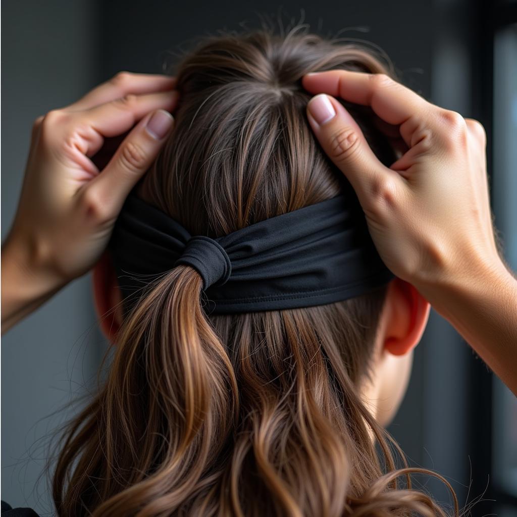 A man with long hair putting on a sport headband in preparation for a workout