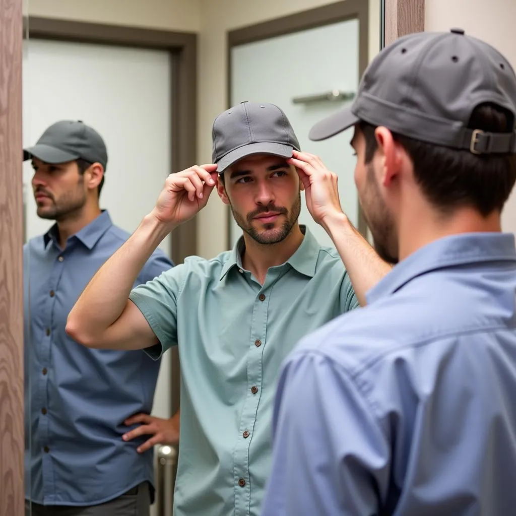 A man trying on different cancer hats