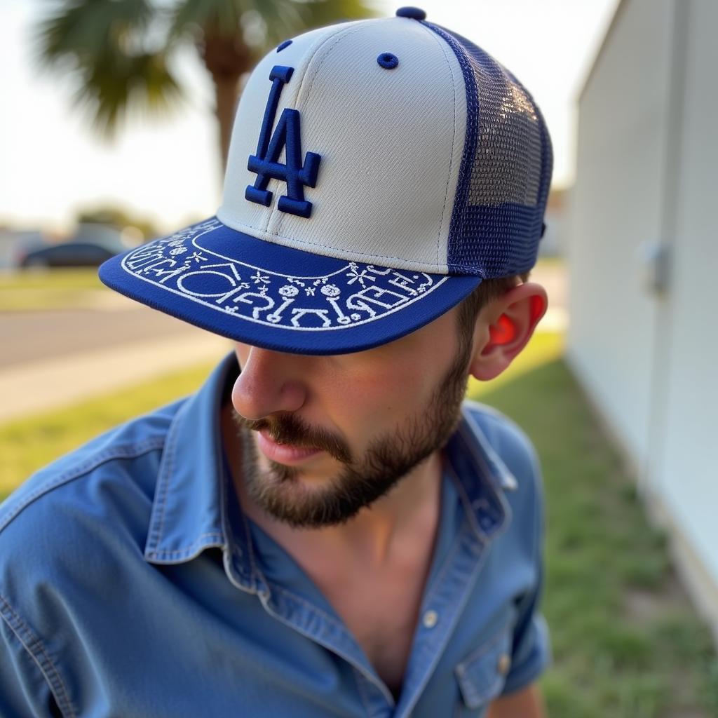 Man sporting a Dodgers Mexican MLB hat