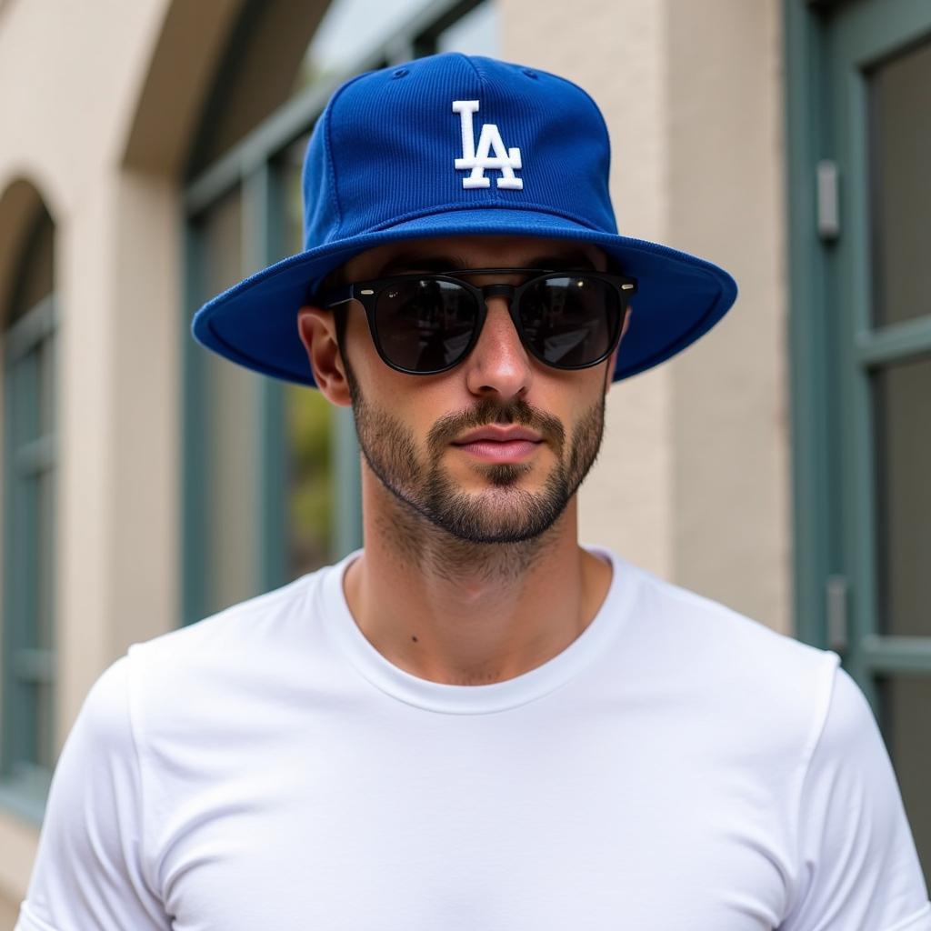 A man wearing a blue corduroy LA Dodgers hat paired with a white t-shirt and sunglasses.