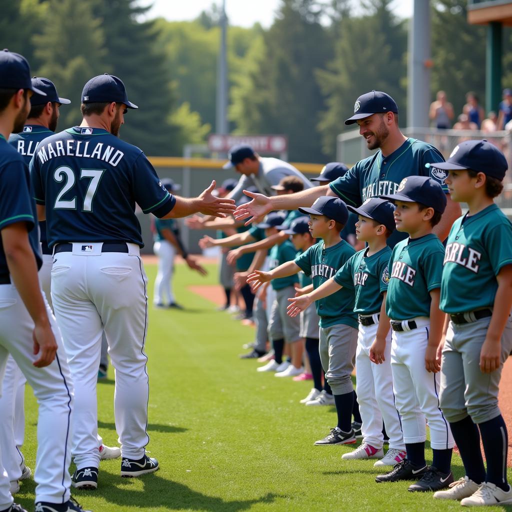 Seattle Mariners players high-fiving young athletes