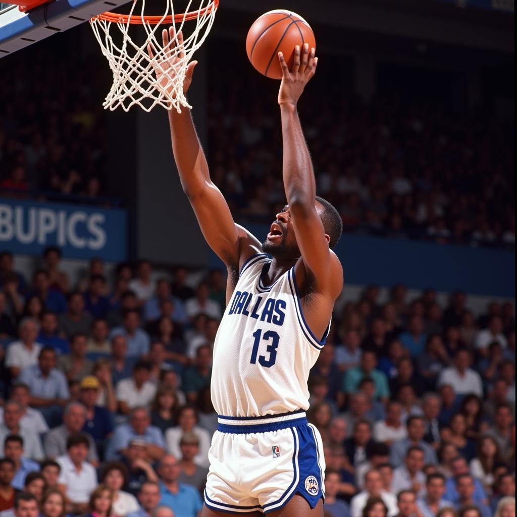 Mark Aguirre soars for a slam dunk in a classic Dallas Mavericks uniform