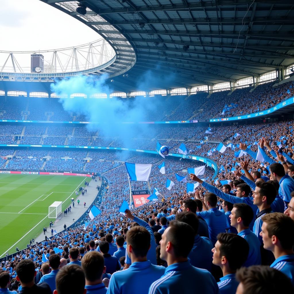 Olympique de Marseille fans waving flags and chanting