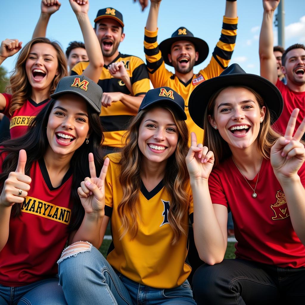 Sports fans in Maryland gear cheering enthusiastically