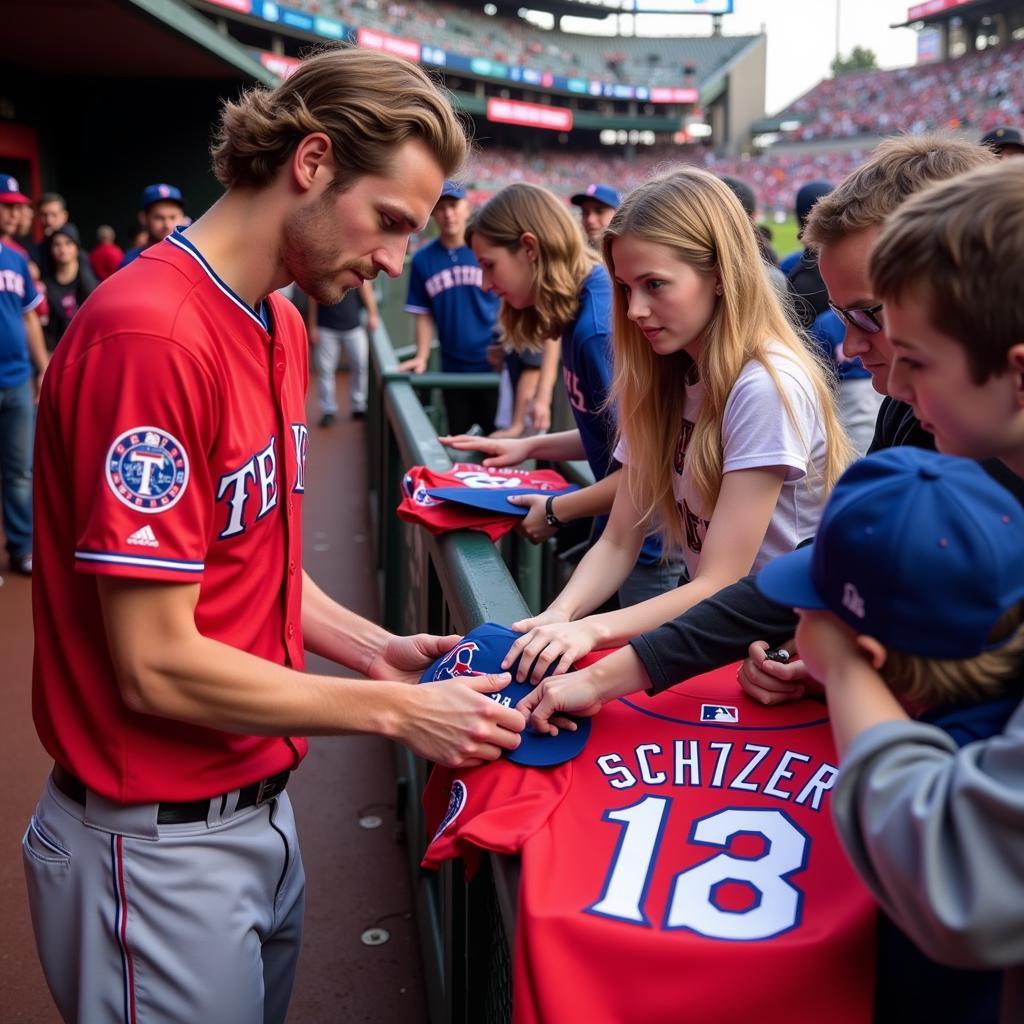 Max Scherzer signs autographs for fans while wearing a Rangers jersey.