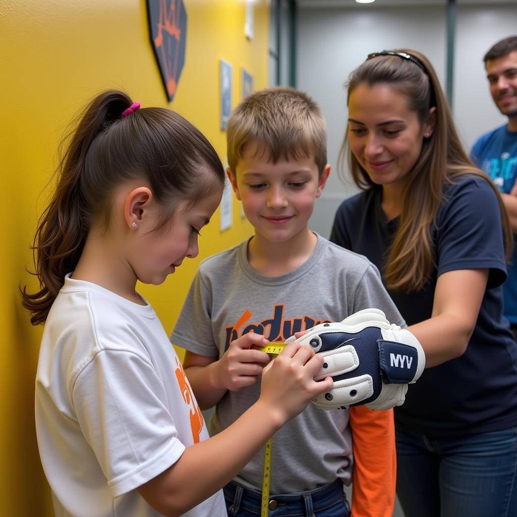 Parent helps child measure hand for proper batting glove size.