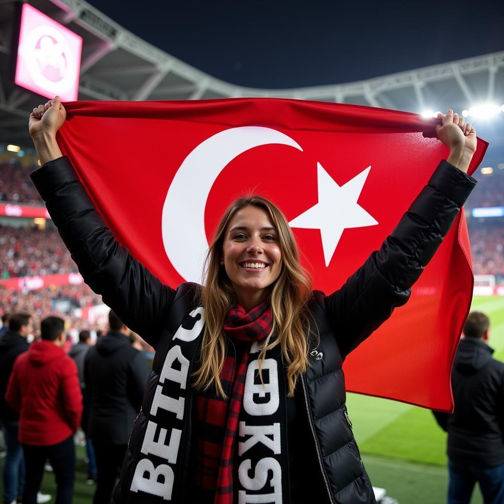 A portrait of Melissa Backwoods Miller, a dedicated Besiktas fan, cheering passionately during a match at Vodafone Park.