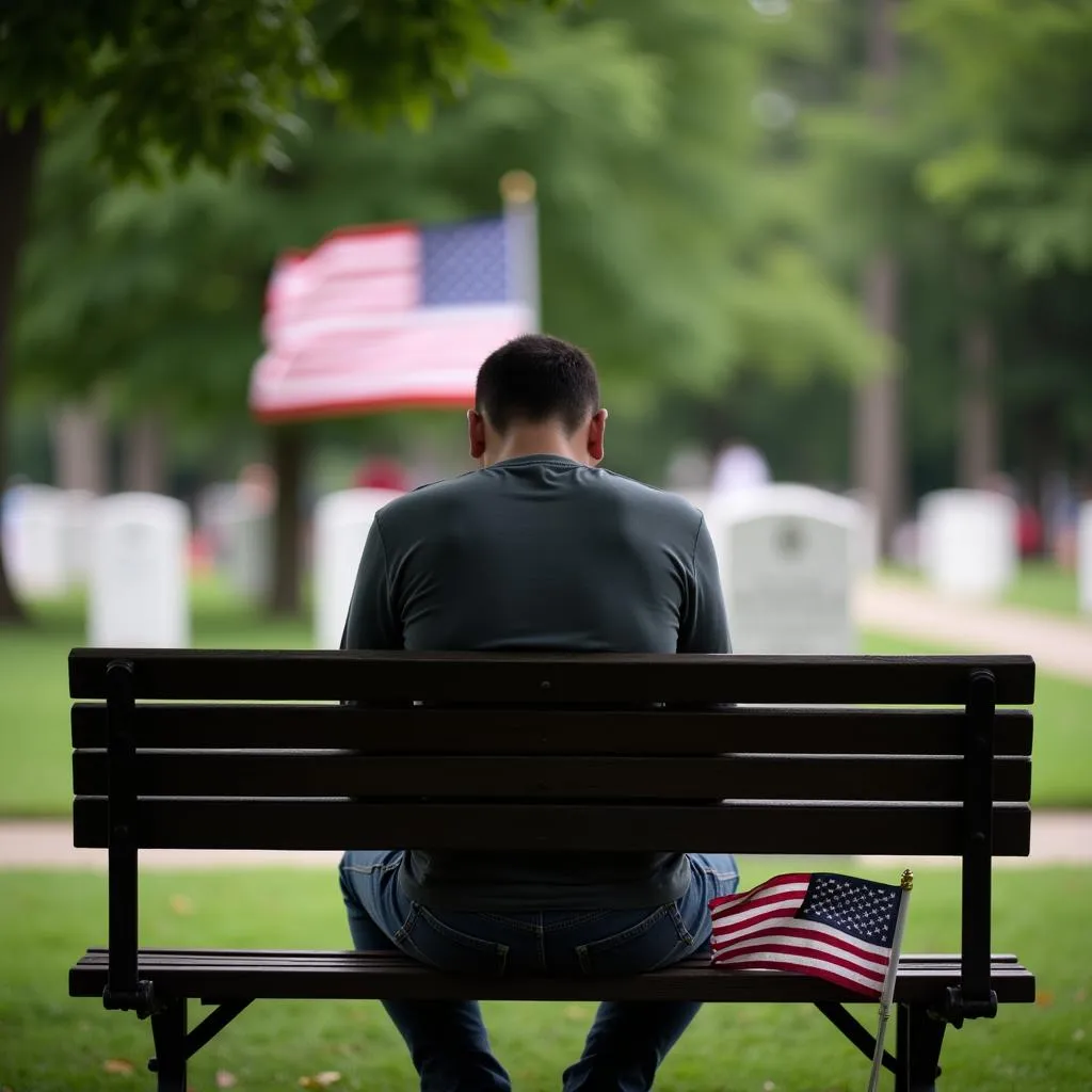 A lone figure sits contemplatively on a park bench with an American flag in the background