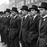 A historical photograph showing men wearing bowler hats