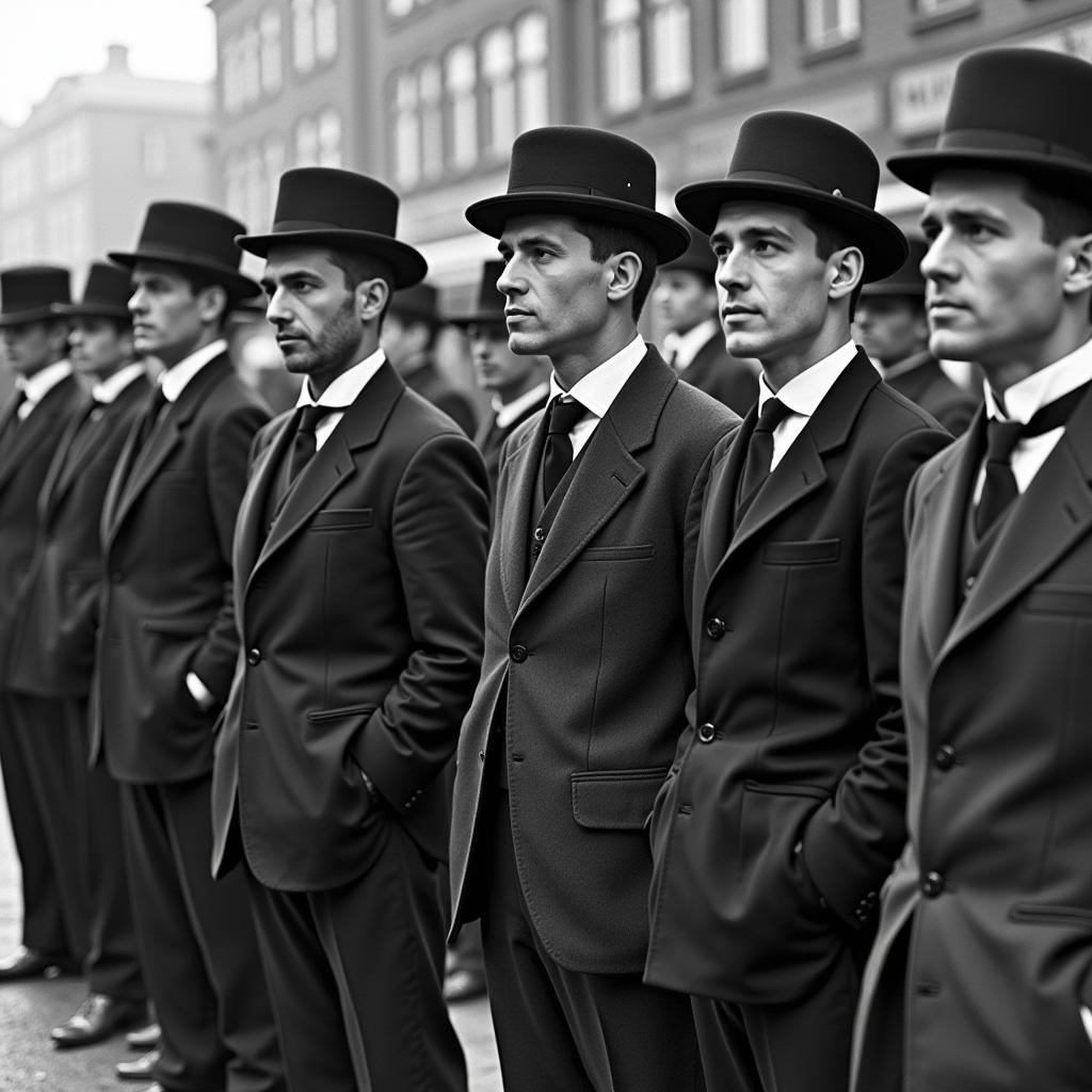 A historical photograph showing men wearing bowler hats