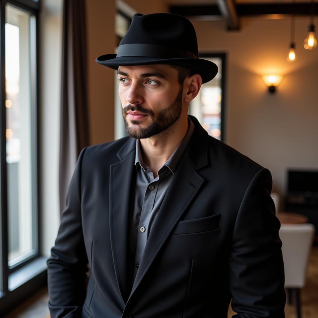 A modern man confidently wearing a black bowler hat