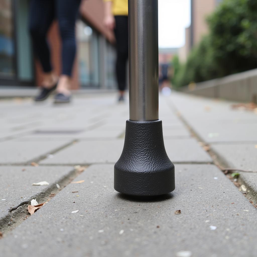 Metal walking cane tip providing traction on a sidewalk