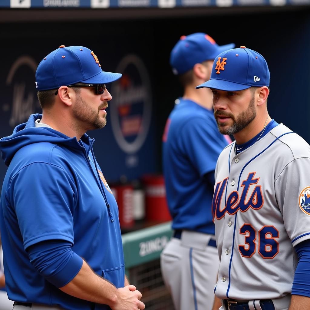 New York Mets manager talking to pitching coach