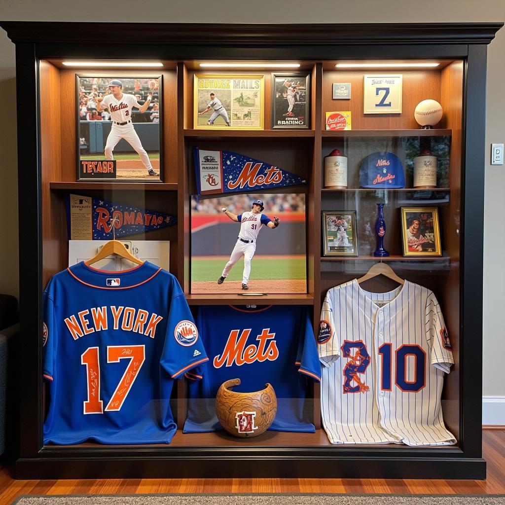 Display Case Filled with NY Mets Collectibles