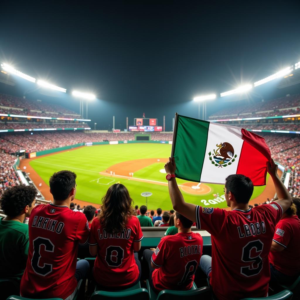 Mexican baseball fans cheering in a stadium