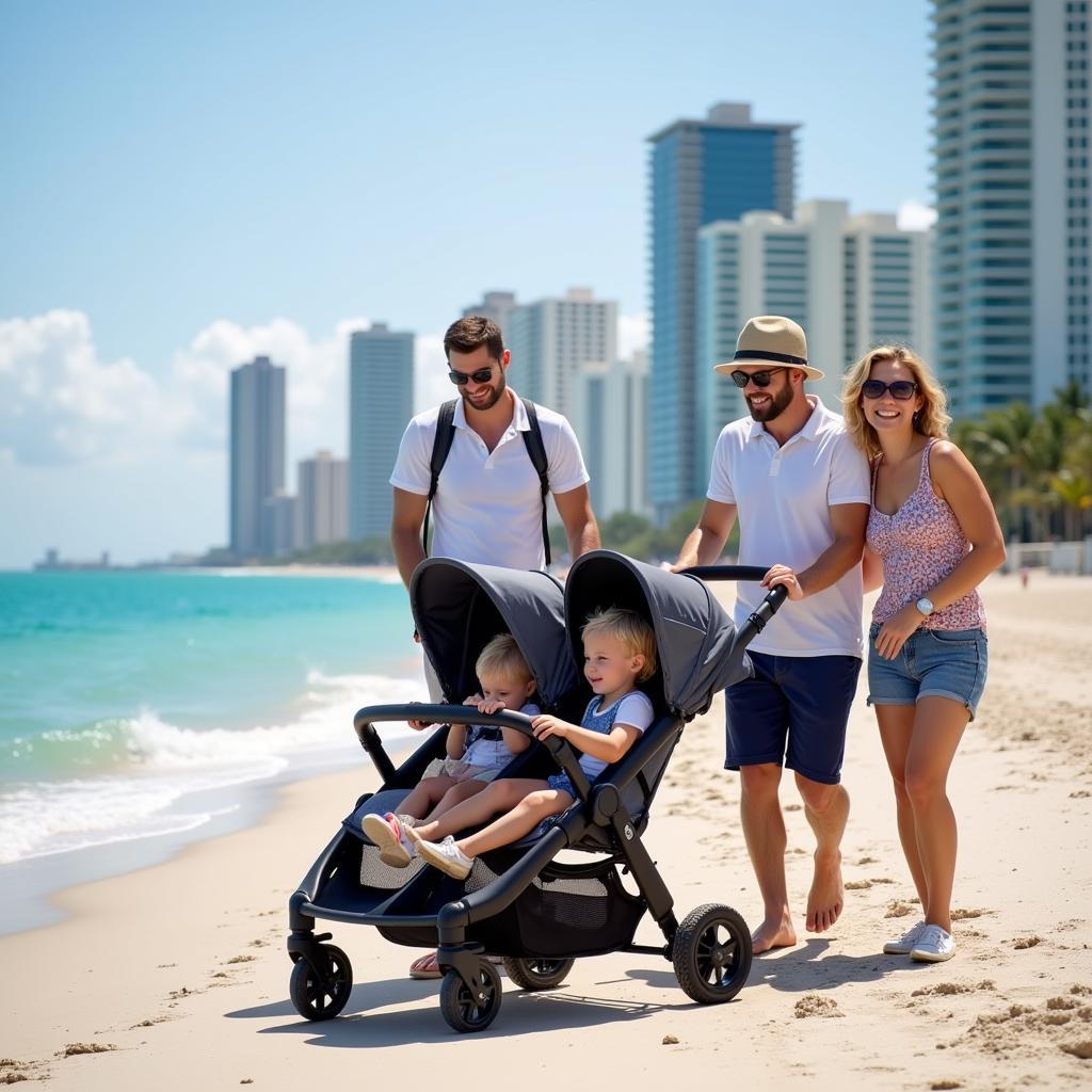 Family enjoying Miami Beach with a rented stroller