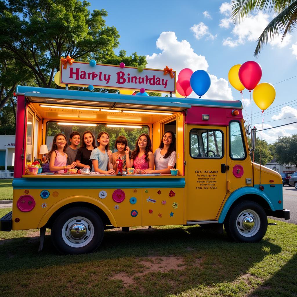 Kids celebrating a birthday party inside a game truck in Miami